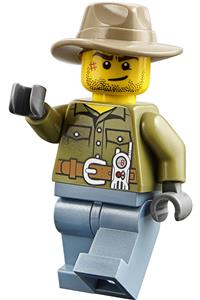 Volcano Explorer Minifigure - Male volcano explorer with a shirt with belt and radio, wearing a dark tan fedora hat with a crooked smile and scar - cty0694