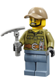 Male volcano explorer wearing a shirt with belt and radio, dark tan cap with hole, and black angular beard - cty0695