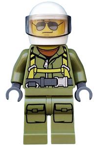 Volcano Explorer Minifigure - Male volcano explorer worker wearing a suit with a harness, a white helmet with a trans-black visor, and sunglasses - cty0697