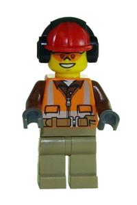 Construction Worker Minifigure - Construction worker with brown shirt, orange zipper, safety stripes, belt, dark tan legs, wearing a red construction helmet, headphones, and sunglasses - cty0699