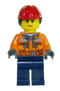 Construction Worker Minifigure - Construction worker with chest pocket zippers, belt over dark gray hoodie, red construction helmet, and long hair with peach lips - cty0700