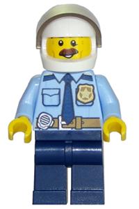 Police Officer Minifigure - Police minifigure wearing a City shirt with a dark blue tie and gold badge, a dark tan belt with radio, dark blue legs, and a white helmet - cty0703