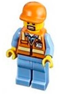 Male Worker Minifigure - Minifigure wearing an orange safety vest with reflective stripes, medium blue legs, an orange short bill cap, and a goatee - cty0704
