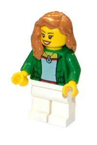 Female Minifigure - Female minifigure wearing a green open jacket with a necklace, medium nougat hair over shoulder, white legs, and an open smile - cty0706