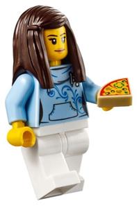 Pizza Van Customer Minifigure - Female pizza van customer with dark brown hair wearing a bright light blue hoodie with swirl flower pattern - cty0710