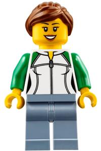 Angler Female Minifigure - Female angler with reddish brown hair and peach lips, wearing sand blue legs and a life jacket with center buckle - cty0713