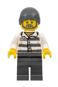 Jail Prisoner Minifigure - Prisoner 86753 in jail stripes, wearing a dark bluish gray beanie - cty0715