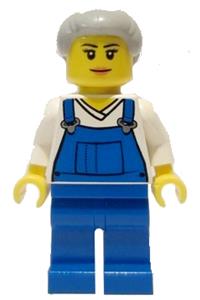 Farm Hand Female Minifigure - Female farm hand wearing blue overalls over a v-neck shirt and light bluish gray hair with a top knot bun - cty0723