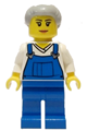 Female farm hand wearing blue overalls over a v-neck shirt and light bluish gray hair with a top knot bun - cty0723