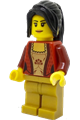 Female minifigure with a corset featuring a gold panel front, lace-up back pattern, pearl gold legs, and long black hair in a ponytail with side bangs - cty0724