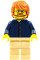 Minifigure with plaid button shirt front and back, tan legs, and dark orange tousled hair - cty0726