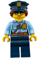 Female City Police Officer in a bright light blue shirt with badge and radio, dark blue legs, police hat, and sunglasses - cty0732