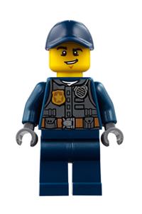Police Officer Minifigure - City police officer with dark bluish gray vest with badge and radio, dark blue legs, and a dark blue cap - cty0734