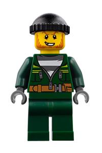 Bandit Minifigure - Male city bandit in police attire with a dark green zip jacket, dark green legs, and a black knit cap - cty0735