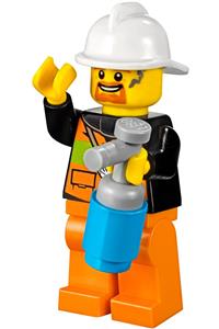 Firefighter Minifigure - Firefighter with white fire helmet, reflective stripe vest, orange pants, yellow air tanks, and a brown goatee - cty0737