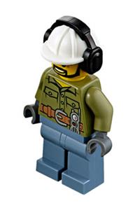 Volcano Explorer - Male, Shirt with Belt and Radio, Black Angular Beard, White Construction Helmet with Black Ear Protector / Headphones cty0740