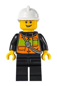 Firefighter Minifigure - Minifigure wearing a white fire helmet and a reflective stripe vest with pockets and shoulder strap - cty0741