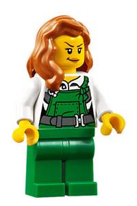 Bandit Minifigure - Female City Bandit police officer with green overalls, dark orange hair over shoulder and a peach lips smirk - cty0745
