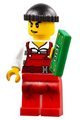 Male City Bandit police minifigure with red overalls, black knit cap, backpack, and lopsided open smile - cty0746
