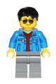 Minifigure with black tousled hair wearing silver sunglasses, a dark red V-neck sweater under a blue jacket, and dark bluish gray legs - cty0747