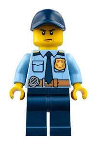 Police Officer Minifigure - Police minifigure with a city shirt, dark blue tie, gold badge, dark tan belt with a radio, dark blue legs, and cap with hole - cty0748