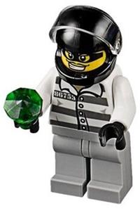 Jail Prisoner Minifigure - Prison inmate wearing jail prisoner stripes with a black helmet featuring a visor - cty0751