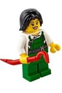 Bandit Minifigure - Female City Bandit police minifigure wearing green overalls, with black tousled hair and a backpack - cty0755