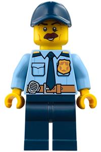 Police Officer Minifigure - Police officer in city shirt with dark blue tie and gold badge, dark tan belt with radio, dark blue legs, cap with hole, brown bushy moustache - cty0756
