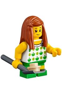 Beachgoer Minifigure - Girl beachgoer wearing a top with apples and green legs with yellow stripes - cty0761