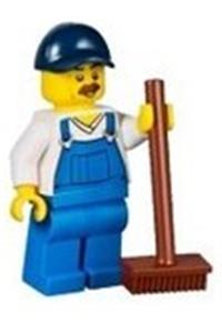 Beach Janitor Minifigure - A beach janitor wearing blue overalls and a dark blue cap - cty0765