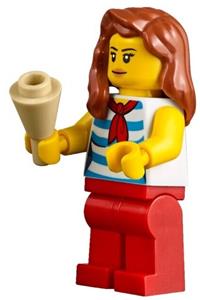 Beachgoer Minifigure - Female beachgoer wearing a white and dark azure striped top with red scarf and legs - cty0768