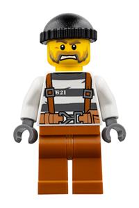 Jail Prisoner Minifigure - Prison police minifigure wearing jail prisoner overalls with prison stripes, dark orange legs, black knit cap, and a beard - cty0773