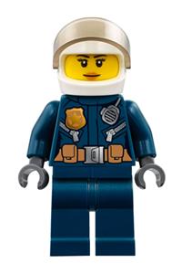 Helicopter Pilot Minifigure - Female City Helicopter Pilot police minifigure in a leather jacket with gold badge, utility belt, dark blue legs, white helmet, and a slight smile - cty0774