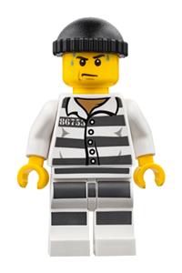Jail Prisoner Minifigure - A jail prisoner police minifigure with prisoner stripes, a black knit cap, white striped legs, and sweat drops - cty0775