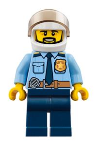 Police Officer Minifigure - City police officer with a white helmet, wearing a police shirt with a dark blue tie and gold badge, dark tan belt with a radio, dark blue legs, and a black beard - cty0776