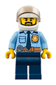 City police officer with a white helmet, wearing a police shirt with a dark blue tie and gold badge, dark tan belt with a radio, dark blue legs, and a black beard - cty0776