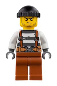 Bandit Crook Minifigure - City bandit crook in police uniform with prison stripes, dark orange legs, black knit cap, beard stubble, and scowl - cty0777