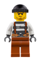 City bandit crook in police uniform with prison stripes, dark orange legs, black knit cap, beard stubble, and scowl - cty0777