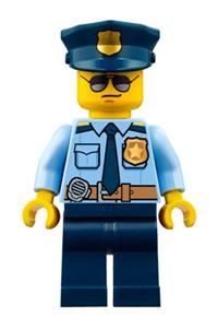 Police Officer Minifigure - Police officer in city uniform with dark blue tie and gold badge, dark tan belt, police hat, sunglasses - cty0778