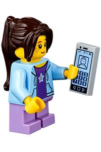 City Bus Passenger Minifigure - Bus passenger with bright light blue hoodie, medium lavender short legs, dark brown hair ponytail long with side bangs, and freckles - cty0782