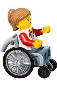 City Bus Passenger Minifigure - Female city bus passenger with a jacket open displaying number '8' on back, sand blue legs, medium nougat hair in a ponytail, peach lips - cty0783