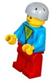 Bus passenger in a dark azure hoodie over a green striped shirt, with red legs and a light bluish gray sports helmet - cty0785