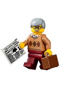 City Newsstand Visitor Minifigure - Visitor at the city newsstand wearing a medium nougat argyle sweater, with dark red legs and light bluish gray hair - cty0786