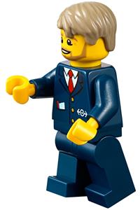 City Bus Driver Minifigure - Bus driver with dark blue suit featuring train logo, dark tan short tousled hair, and a beard - cty0787
