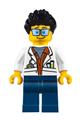 Jungle scientist in a white lab coat with test tubes, dark blue legs, and black ruffled hair - cty0788