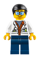A scientist in a white lab coat with test tubes, dark blue legs, and black smooth hair - cty0789