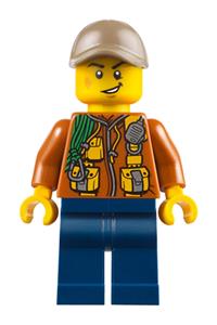 City Jungle Explorer Minifigure - Jungle explorer with a dark orange jacket with pouches, dark blue legs, dark tan cap, and cheek scuff - cty0790