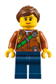Female city jungle explorer with a dark orange shirt with green strap, dark blue legs, and reddish brown ponytail - cty0791