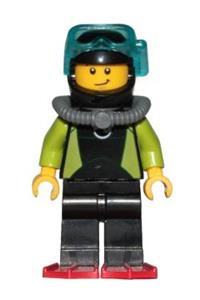 Coast Guard Diver Minifigure - Diver minifigure from the Coast Guard City wearing a black wetsuit with a white logo - cty0797
