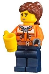 Cargo Center Worker Minifigure - Cargo center worker with chest pocket zippers, wearing a belt over a dark gray hoodie, dark blue legs, reddish brown hair, and peach lips - cty0798
